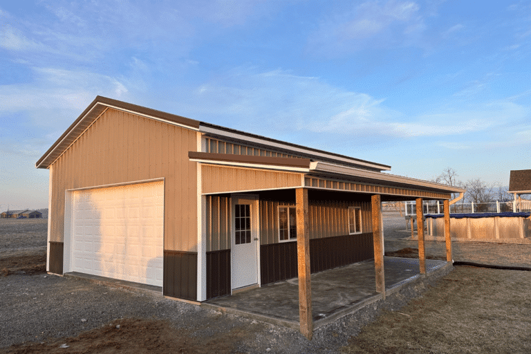 24x30 garage pole barn with porch and white garage