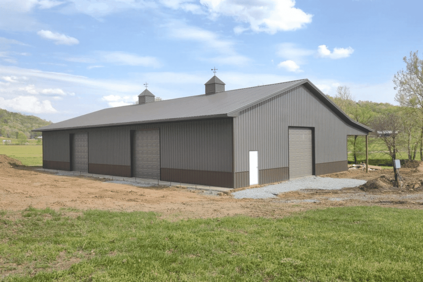grey 30x48 garage pole barn kit with three garages