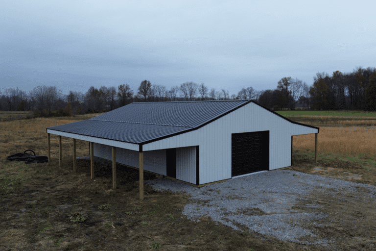 30x50 garage pole barn kit with lean to and black garage door in bethel oh