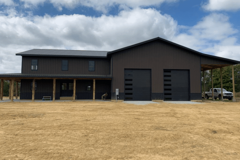 brown 50x60 garage pole barn kit with two black garages
