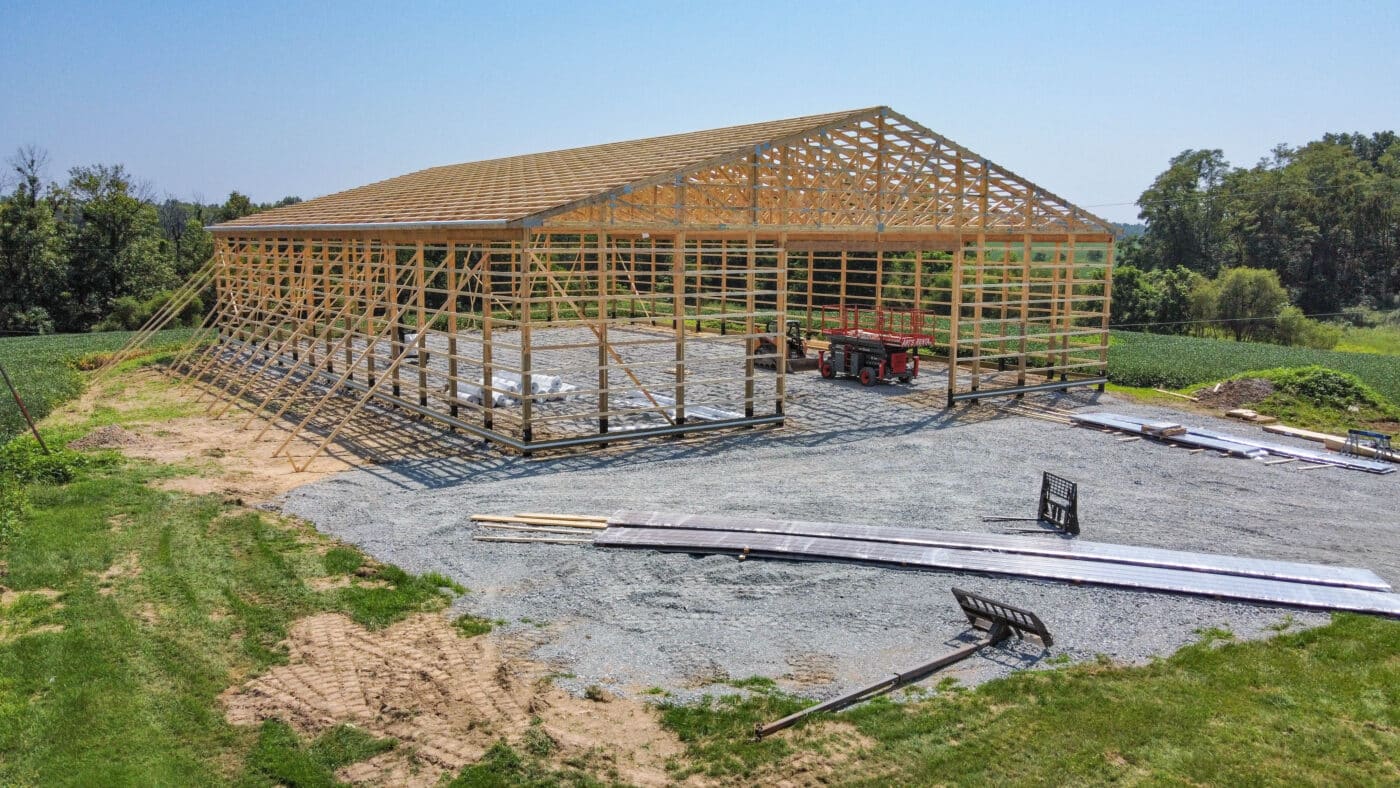 The construction process for a 80x120 barndominium