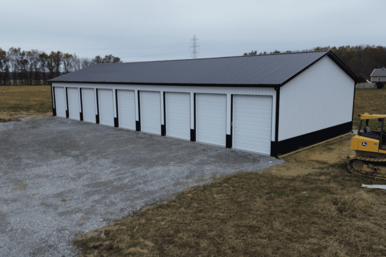 white 80x90 garage pole barn kit with nine garages and black roof