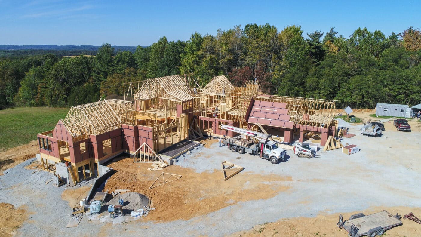 A building that is under construction with exposed trusses in Hillsboro OH