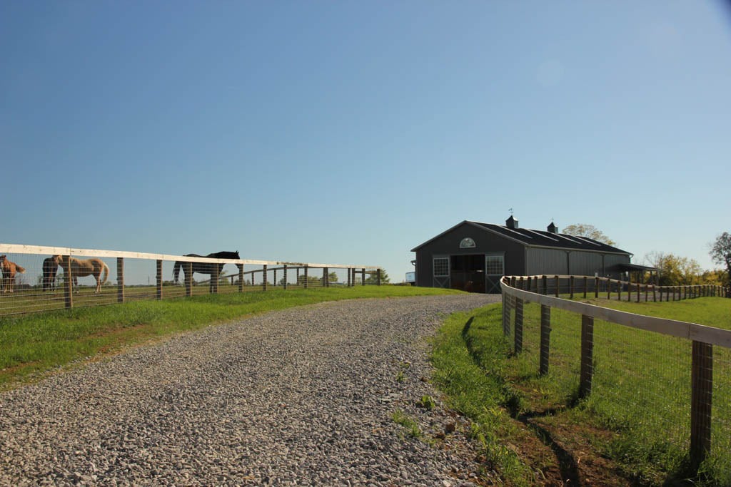 gravel path leading to gray agricultural pole barn with open slider doors past horse pastures with horses in them
