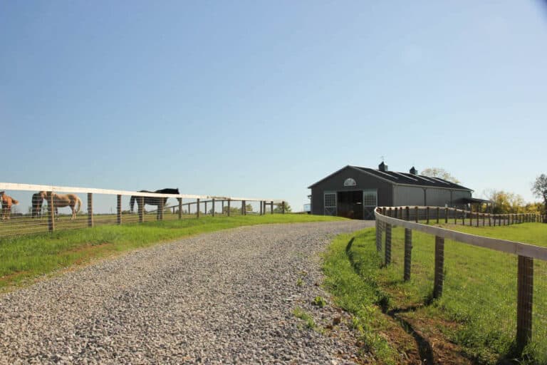 gravel path leading up past horse pastures to gray 40x44 equestrian pole barn
