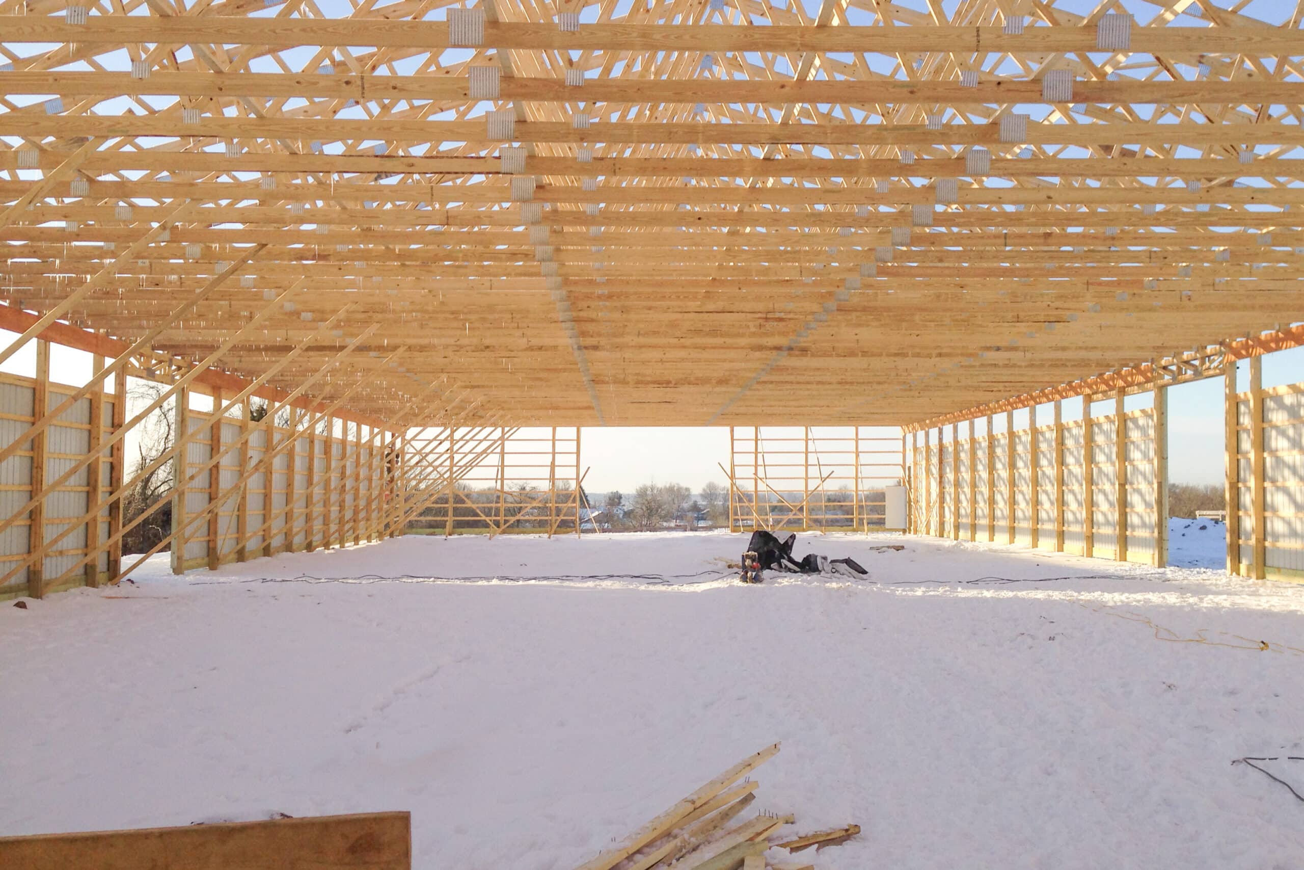 roof trusses from the interior of pole barn frame